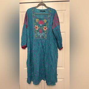Gudrun Sjoden Teal Long Sleeve Dress with Floral Embroidery